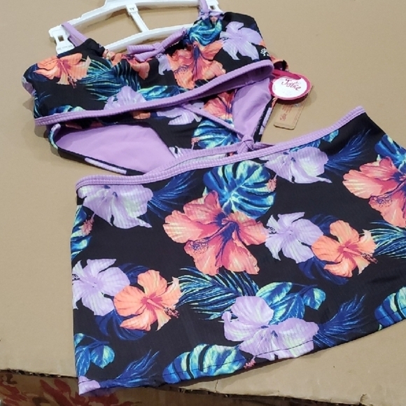 Justice Floral Kids Swim Bikini - Black and Purple - Picture 1 of 6